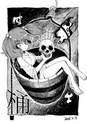 Rule 34 | 1girl, bare legs, barefoot, bucket, chireiden, constricted pupils, dated, expressionless, eyelashes, greyscale, hair between eyes, heran hei mao, holding, holding skull, in bucket, in container, kisume, looking at viewer, medium hair, monochrome, robe, rope, sitting, skull, touhou, twintails, wooden bucket