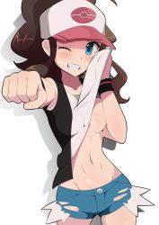 Rule 34 | 1girl, ahoge, armpits, arms up, blouse, blue eyes, breasts, brown hair, cleavage, clothes lift, commentary, creatures (company), game freak, grin, harubato, hat, highres, hilda (pokemon), lifted by self, long hair, looking at viewer, medium breasts, nintendo, no bra, no panties, one eye closed, pokemon, pokemon bw, ponytail, shirt, shirt lift, short shorts, shorts, sleeveless, sleeveless shirt, smile, solo, stomach, white shirt, wristband