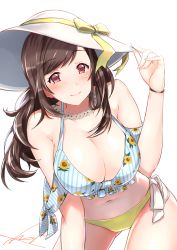 Rule 34 | 1girl, bikini, blush, bow, bracelet, breasts, brown eyes, brown hair, cleavage, commentary request, cowboy shot, daisy, floral print, flower, front-tie bikini top, front-tie top, hat, hat ribbon, idolmaster, idolmaster shiny colors, jewelry, large breasts, leaning forward, long hair, looking at viewer, navel, necklace, pink eyes, ribbon, side-tie bikini bottom, signature, smile, solo, sun hat, swimsuit, tsukioka kogane, wattsu, white background
