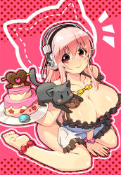 Rule 34 | 1girl, anklet, apron, azumakuro, barefoot, blush, breasts, cake, cat, cleavage, food, headphones, huge breasts, jewelry, large breasts, long hair, looking at viewer, macaron, naked apron, nitroplus, pink eyes, pink hair, polka dot, polka dot background, sitting, smile, solo, super sonico, wariza