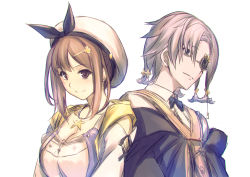 Rule 34 | 1boy, 1girl, atelier (series), atelier ryza, atelier ryza 1, beret, bow, bowtie, breasts, brown hair, cleavage, collarbone, commentary, empel vollmer, hair between eyes, hair ornament, hairclip, hat, highres, jewelry, looking at viewer, medium breasts, monocle, necklace, reisalin stout, shirt, short hair, silver hair, simple background, smile, star (symbol), star hair ornament, star necklace, swept bangs, tenmaso, vest, white background, white headwear, white shirt, yellow vest