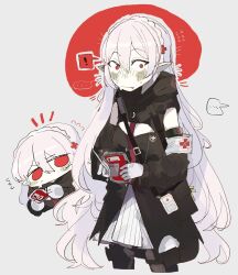 Rule 34 | 1girl, arknights, blood, blood bag, blush, chibi, cowboy shot, cross, highres, long hair, odmised, partially colored, pointy ears, red cross, red eyes, simple background, sweat, vampire, warfarin (arknights), white background, white hair