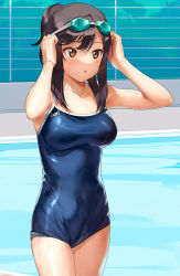 Rule 34 | 1girl, a1 (initial-g), blue one-piece swimsuit, breasts, brown eyes, brown hair, character name, competition school swimsuit, cowboy shot, goggles, goggles on head, high ponytail, ichijou hotaru, large breasts, medium hair, non non biyori, one-piece swimsuit, parted lips, poolside, school swimsuit, solo, swimsuit, wet