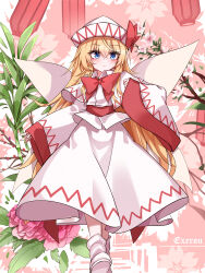Rule 34 | 1girl, absurdres, artist name, blonde hair, blue eyes, blush, bow, bowtie, capelet, closed mouth, collar, commentary, fairy, fairy wings, flower, hat, hat bow, highres, leaf, lily white, long hair, long sleeves, pink flower, plant, red bow, red bowtie, smile, solo, top-exerou, touhou, very long hair, white capelet, white hat, wide sleeves, wings