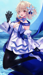 Rule 34 | 1girl, archetype earth, arcueid brunestud, bare shoulders, black gloves, blonde hair, blue skirt, blush, breasts, brown pantyhose, cleavage, detached sleeves, dress, fate/grand order, fate (series), flower, full moon, gloves, hair flower, hair ornament, highres, large breasts, long skirt, looking at viewer, moon, multicolored clothes, multicolored skirt, night, night sky, open mouth, pantyhose, red eyes, shong, short hair, skirt, sky, smile, solo, thighs, tsukihime, white dress, white skirt