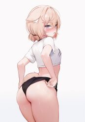 Rule 34 | 1girl, animal ear fluff, ass, black shorts, blonde hair, blue eyes, blush, commentary, crop top, grey background, highres, hololive, hololive english, koahri, looking at viewer, mococo abyssgard, shirt, short hair, short shorts, shorts, simple background, solo, thighs, virtual youtuber, white shirt
