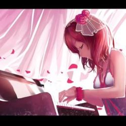 Rule 34 | 1girl, artist name, artist request, bare shoulders, blush, breasts, cleavage, collarbone, dress, closed eyes, female focus, flower, hair between eyes, hair flower, hair ornament, instrument, looking at viewer, love live!, love live! school idol project, lowres, nishikino maki, parted lips, petals, piano, purple eyes, red flower, red hair, red petals, red scrunchie, scrunchie, short hair, small breasts, smile, solo, upper body, white dress, wrist scrunchie