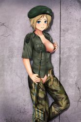 Rule 34 | 1girl, battle rifle, beret, blonde hair, blush, breast pocket, breasts, camouflage, camouflage pants, crack, cracked wall, female pubic hair, female soldier, fn fal, gun, hat, highres, itsaraofgod, looking at viewer, medium breasts, one breast out, open pants, original, pants, pocket, pubic hair, rifle, self exposure, short hair, short shorts, shorts, smile, solo, weapon