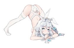 Rule 34 | 1girl, absurdres, animal ears, aqua eyes, azur lane, braid, breasts, closed mouth, fake animal ears, full body, hairband, highres, jack-o&#039; challenge, le malin (azur lane), le malin (listless lapin) (azur lane), leotard, ling yu (15974115107), long hair, looking at viewer, medium breasts, rabbit ears, simple background, solo, thighhighs, top-down bottom-up, twin braids, white background, white hair, white leotard, white thighhighs