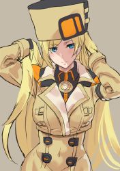 Rule 34 | 1girl, ashiomi masato, blonde hair, blue eyes, breasts, closed mouth, fur hat, gloves, guilty gear, guilty gear strive, hat, long hair, looking at viewer, millia rage, simple background, smile, solo, ushanka, very long hair