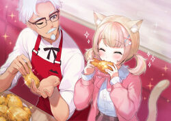 Rule 34 | 1boy, 1girl, ^ ^, absurdres, animal ear fluff, animal ears, apron, blonde hair, blush, bow, brown eyes, bucket of chicken, cat ears, cat girl, cat hair ornament, cat tail, chicken (food), closed eyes, colonel sanders, eating, employee uniform, facial hair, fast food, fast food uniform, food, fried chicken, glasses, hair ornament, happy, highres, holding, holding food, kfc, mustache, old, old man, one eye closed, pocket square, red apron, rissa (virtual youtuber), sahara1127, shirt, short hair, sitting, smile, sparkle, string tie, tail, twintails, uniform, virtual youtuber, white hair