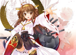 Rule 34 | &gt;:d, 10s, 1girl, 47agdragon, :d, ahoge, blush, brown eyes, brown hair, detached sleeves, double bun, frilled skirt, frills, hair ornament, hairband, japanese clothes, kantai collection, kongou (kancolle), long hair, looking at viewer, nontraditional miko, open mouth, ribbon-trimmed sleeves, ribbon trim, skirt, smile, solo, thighhighs, v-shaped eyebrows