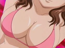 Rule 34 | 00s, 1girl, akahori gedou hour rabuge, animated, animated gif, bikini, bikini top only, bouncing breasts, breasts, brown hair, cleavage, close-up, head out of frame, hokke otone, large breasts, long hair, looping animation, screencap, smile, solo, swimsuit, wavy hair