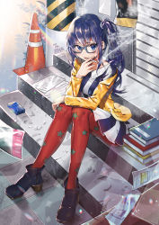 Rule 34 | 1girl, artist name, bad id, bad pixiv id, blue eyes, blue hair, book, boots, breasts, cigarette, cigarette pack, day, dress, glasses, grey-framed eyewear, hand on own knee, highres, holding, holding cigarette, imai midori, jacket, k2h, knees up, large breasts, long hair, long sleeves, looking at viewer, outdoors, pantyhose, parted lips, print pantyhose, red pantyhose, shirobako, side ponytail, sitting, smoke, smoking, solo, stairs, star (symbol), star print, traffic cone