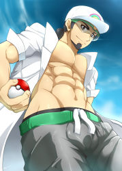 Rule 34 | 1boy, abs, creatures (company), facial hair, game freak, glasses, highres, male focus, muscular, nintendo, outdoors, pectorals, pokemon, smile, solo, tagme