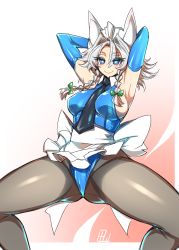 Rule 34 | 1girl, alternate costume, animal ears, apron, arms up, between breasts, black necktie, blue eyes, blue leotard, bow, braid, breasts, cat ears, colored eyelashes, green bow, hair between eyes, hair bow, heart, heart-shaped pupils, highres, huge breasts, izayoi sakuya, kemonomimi mode, leotard, long hair, looking at viewer, necktie, necktie between breasts, sideboob, silver hair, simple background, solo, spread legs, squatting, symbol-shaped pupils, tajima yuuki, touhou, twin braids, waist apron, white background