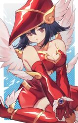 Rule 34 | 1girl, apple magician girl, bare shoulders, black hair, breasts, brown eyes, cleavage, clothing cutout, detached sleeves, dress, duel monster, feathered wings, feet out of frame, gloves, hajime daijo, hat, head tilt, long sleeves, medium breasts, medium hair, open mouth, red dress, red gloves, sitting, solo, stomach cutout, wariza, wing hat ornament, winged footwear, wings, yu-gi-oh!