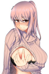 Rule 34 | 1girl, absurdres, artist name, black bra, blush, bra, bra pull, breasts, clothes lift, clothes pull, grabbing own breast, highres, lace, large breasts, long hair, nipples, original, pink eyes, pink hair, pink sweater, solo, suraya (z666ful), sweater, sweater lift, underwear, upper body, z666ful