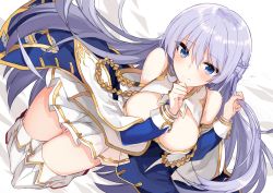 Rule 34 | 1girl, aiguillette, azur lane, bare shoulders, blue eyes, blush, boots, braid, breasts, cleavage, collarbone, detached sleeves, floating hair, french braid, hand on own chin, hands up, highres, holding, holding hair, kinona, large breasts, light purple hair, long hair, long sleeves, looking at viewer, navel, open mouth, ribbon, rodney (azur lane), sidelocks, silver hair, smile, solo, thigh boots, thighhighs, thighs, uniform, very long hair