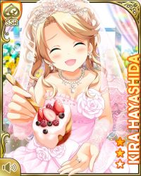 Rule 34 | 1girl, :d, alternate hairstyle, blonde hair, bow, cake, card (medium), close-up, closed eyes, day, dress, female focus, food, fork, girlfriend (kari), green eyes, hayashida kira, indoors, jewelry, long hair, official art, open mouth, pink bow, pink dress, qp:flapper, ring, shoes, smile, solo, standing, table, wedding cake, wedding dress, wedding ring, window
