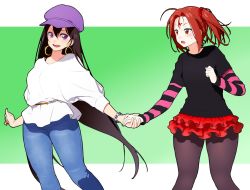 Rule 34 | 2girls, bead bracelet, beads, black shirt, blue pants, blush, border, bracelet, breasts, brown eyes, brown hair, brown legwear, contemporary, denim, earrings, facial mark, fate/grand order, fate (series), forehead, forehead mark, green background, hair between eyes, hat, highres, holding hands, hoop earrings, jeans, jewelry, large breasts, layered sleeves, long hair, long sleeves, looking at viewer, miniskirt, multiple girls, nezha (fate), onsoku inu, open mouth, pants, pantyhose, parted bangs, purple eyes, purple headwear, red skirt, shirt, short hair, short over long sleeves, short sleeves, skirt, striped sleeves, thighs, twintails, white border, white shirt, xuangzang sanzang (fate)