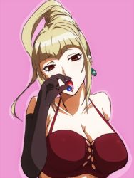 Rule 34 | 1girl, almaflora, black gloves, blonde hair, bra, breasts, cleavage, earrings, elbow gloves, gloves, high ponytail, ixion saga, jewelry, kiikakiika, large breasts, open mouth, red bra, red eyes, solo, tongue, tongue out, underwear