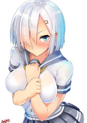 Rule 34 | 10s, 1girl, blush, breasts, def (chronowarld), green eyes, hair ornament, hair over one eye, hairclip, hamakaze (kancolle), kantai collection, large breasts, personification, school uniform, see-through, serafuku, short hair, silver hair, simple background, skirt, solo, white background