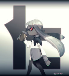 Rule 34 | 1girl, black pants, blunt bangs, collared shirt, cup, disposable coffee cup, disposable cup, drinking, from side, grey hair, highres, holding, inkling, inkling (language), inkling girl, inkling player character, long hair, long sleeves, looking at viewer, mask, nintendo, pants, pointy ears, puchiman, red eyes, shadow, shirt, solo, standing, tentacle hair, twitter username, waling, white shirt