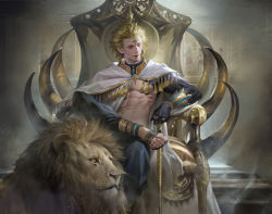 Rule 34 | 1boy, absurdres, animal, anklet, black pants, blonde hair, bracelet, cane, cape, circlet, eyeshadow, fate (series), feet out of frame, forehead jewel, fringe trim, gem, gilgamesh (fate), hair slicked back, hair strand, high collar, highres, holding, holding cane, indoors, jewelry, light smile, lion, lips, looking away, looking to the side, makeup, male focus, painting (object), pants, parted lips, ring, sandals, short hair, shrug (clothing), sitting, skin tight, solo, tassel, throne, toenails, toned, toned male, vambraces, white cape, yellow eyes, youzheng