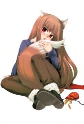 Rule 34 | 1girl, absurdres, animal ears, ankle boots, arm support, bag, between legs, black footwear, blunt bangs, blush, boots, brown hair, brown pants, collarbone, fang, fang out, foreshortening, full body, fur-trimmed boots, fur trim, head tilt, highres, holo, koume keito, licking tail, long hair, long sleeves, looking at viewer, nose blush, official art, pants, purple shirt, red eyes, scan, shirt, simple background, sitting, solo, spice and wolf, straight hair, tail, tail between legs, tongue, tongue out, very long hair, white background, wolf ears, wolf tail