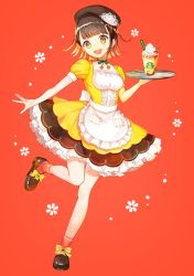 Rule 34 | 1girl, apron, atta (kurisawachan), bad id, bad pixiv id, beret, brown eyes, brown footwear, brown hair, brown hat, choker, commentary request, cup, dessert, dress, drinking straw, food, footwear bow, frilled apron, frills, green choker, hat, head tilt, highres, holding, holding tray, leaning to the side, leg up, logo, looking at viewer, medium dress, open mouth, orange socks, original, petticoat, puffy short sleeves, puffy sleeves, ribbon choker, shoes, short hair, short sleeves, simple background, smile, socks, solo, standing, standing on one leg, starbucks, tray, waist apron, waitress, white apron, yellow dress