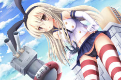 Rule 34 | 10s, 1girl, :3, :o, anchor, bad id, bad pixiv id, black panties, blonde hair, blue skirt, elbow gloves, frontal wedgie, gloves, hair ornament, hifumi (kajihihumi), innertube, kantai collection, long hair, looking at viewer, navel, panties, panty lift, rensouhou-chan, revision, sailor collar, shimakaze (kancolle), skirt, striped clothes, striped thighhighs, swim ring, thighhighs, underwear, wedgie, white gloves