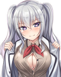 Rule 34 | 1girl, blue eyes, blush, bow, bowtie, breasts, brown shirt, cleavage, cleavage cutout, closed mouth, clothing cutout, covered erect nipples, hair between eyes, heart, heart-shaped pupils, heart in eye, highres, jacket, kageira, kantai collection, kashima (kancolle), large breasts, long hair, looking at viewer, no bra, open clothes, red bow, red bowtie, shirt, silver hair, simple background, smile, solo, symbol-shaped pupils, symbol in eye, twintails, white background, white jacket