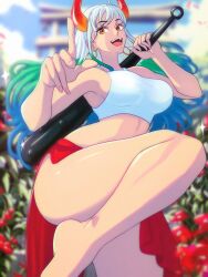 Rule 34 | 1girl, absurdres, artist request, breasts, club (weapon), earrings, feet, highres, horns, jewelry, large breasts, one piece, opalis, smile, solo, thighs, tongue, weapon, yamato (one piece)