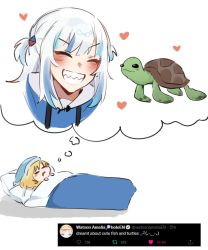 Rule 34 | blue hair, blue hoodie, blush, closed eyes, dreaming, drooling, futon, gawr gura, grin, hair bobbles, hair ornament, hat, heart, highres, hololive, hololive english, hood, hoodie, lying, mittsu, multicolored hair, nightcap, on back, sea turtle, sharp teeth, sleeping, smile, streaked hair, teeth, thought bubble, turtle, twitter, two side up, v-shaped eyebrows, virtual youtuber, watson amelia, white hair