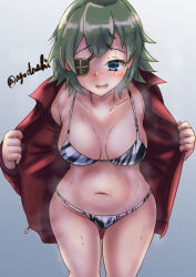 Rule 34 | 1girl, agodashi, animal print, bikini, bikini under clothes, breasts, cowboy shot, eyebrows hidden by hair, gradient background, green eyes, grey background, highres, jacket, kantai collection, kiso (kancolle), leaning forward, medium breasts, navel, one-hour drawing challenge, open clothes, open jacket, red jacket, short hair, solo, steaming body, swimsuit, tiger print, twitter username, white bikini
