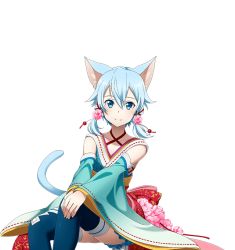 Rule 34 | 1girl, animal ears, blue eyes, blue hair, blue skirt, blue thighhighs, cat ears, cat tail, collarbone, flower, hair between eyes, hair flower, hair ornament, hands on own knees, looking at viewer, miniskirt, pink flower, short hair with long locks, sidelocks, sinon (sao-alo), skirt, solo, sword art online, tail, thighhighs, transparent background