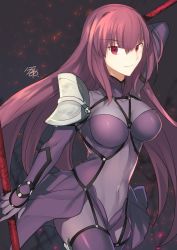 Rule 34 | 1girl, bodysuit, breasts, closed mouth, covered collarbone, covered navel, dual wielding, fate/grand order, fate (series), gae bolg (fate), highres, holding, holding polearm, holding spear, holding weapon, impossible bodysuit, impossible clothes, light smile, long hair, looking at viewer, nikame, polearm, purple bodysuit, purple hair, red eyes, scathach (fate), signature, smile, solo, spear, weapon
