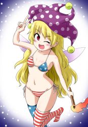Rule 34 | 1girl, american flag bikini, american flag legwear, american flag print, bikini, blonde hair, blush stickers, breasts, clownpiece, flag print, flat chest, gradient background, hat, jester cap, kousei (public planet), looking at viewer, navel, one eye closed, open mouth, panties, print bikini, red eyes, side-tie panties, small breasts, smile, solo, striped clothes, striped thighhighs, swimsuit, thighhighs, torch, touhou, underwear, united states, v