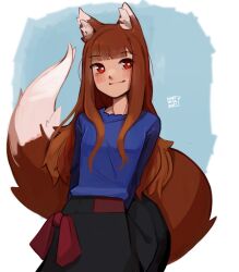 Rule 34 | 1girl, 2023, animal ears, artist name, black skirt, blue background, blue shirt, blush, bow, bow skirt, breasts, brown hair, highres, holo, kart prowler, long hair, long sleeves, looking at viewer, red bow, red eyes, shirt, sidelocks, simple background, skirt, small breasts, smile, solo, spice and wolf, tail, wolf ears, wolf girl, wolf tail