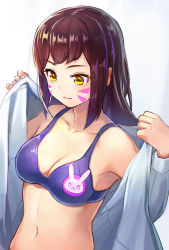 Rule 34 | 1girl, :3, animal print, blue bra, bra, breasts, brown eyes, brown hair, casual, cleavage, collarbone, commentary request, d.va (overwatch), facepaint, facial mark, kagawa ichigo, light smile, long hair, long sleeves, medium breasts, navel, overwatch, overwatch 1, rabbit print, shirt, simple background, solo, swept bangs, underwear, undressing, upper body, whisker markings, white background, white shirt