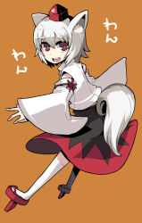 1girl animal_ears detached_sleeves female_focus full_body geta hair_between_eyes hat hitsuji_bako inubashiri_momiji leaf open_mouth red_eyes simple_background solo tail thighhighs tokin_hat touhou white_hair white_thighhighs wolf_ears wolf_tail