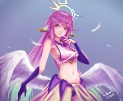 Rule 34 | 1girl, angel wings, blue background, breasts, bridal gauntlets, commentary, crop top, cross, feathered wings, feathers, finger to mouth, gloves, gradient eyes, gradient hair, halo, jibril (no game no life), long hair, low wings, magic circle, medium breasts, midriff, multicolored eyes, multicolored hair, navel, no game no life, orange eyes, parted lips, patrick hambali, pink hair, sideboob, solo, symbol-shaped pupils, very long hair, white wings, wing ears, wings, yellow eyes