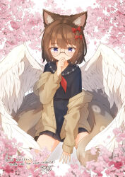 Rule 34 | 1girl, animal ear fluff, animal ears, black sailor collar, black serafuku, black shirt, black skirt, bow, braid, brown cardigan, brown hair, cardigan, commentary request, coreytaiyo, covered mouth, dated, feathered wings, flower, glasses, hair between eyes, hair bow, hand to own mouth, highres, long sleeves, multiple tails, neckerchief, off shoulder, open cardigan, open clothes, original, pink flower, pleated skirt, puffy long sleeves, puffy sleeves, purple eyes, red bow, red neckerchief, sailor collar, school uniform, serafuku, shirt, signature, skirt, solo, tail, thank you, white wings, wings