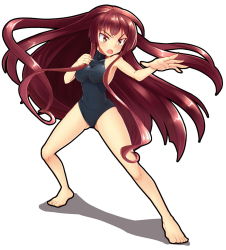 Rule 34 | 1girl, bare shoulders, barefoot, breasts, brown eyes, brown hair, fang, fighting stance, full body, large breasts, leotard, long hair, m.u.g.e.n, nontraditional miko, open mouth, original, sendai hakurei no miko, simple background, solo, taut clothes, touhou, very long hair, z.o.b