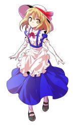 Rule 34 | 1girl, alphes (style), apron, blonde hair, bow, dairi, dress, full body, gloves, hat, hat bow, hat ribbon, highres, kana anaberal, looking at viewer, parody, ribbon, short hair, solo, style parody, sun hat, touhou, touhou (pc-98), transparent background, yellow eyes