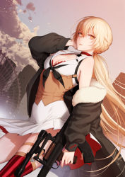 Rule 34 | 1girl, assault rifle, blonde hair, breasts, building, bullpup, choker, cleavage, cloud, dress, dutch angle, ferris wheel, fur trim, girls&#039; frontline, gun, holding, holding gun, holding weapon, jacket, long hair, looking at viewer, off shoulder, ots-14 (girls&#039; frontline), ots-14 groza, outdoors, ponytail, red thighhighs, rifle, scope, shoukaki (earthean), single thighhigh, skyscraper, sleeveless, sleeveless dress, solo, suppressor, thighhighs, very long hair, vest, weapon, yellow eyes