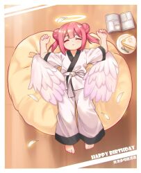 Rule 34 | 1girl, angel wings, barefoot, belt, border, cake, chinese commentary, closed eyes, commentary request, double bun, feathers, food, fork, hair bun, halo, happy birthday, highres, kuma-bound, lying, martial arts belt, medium hair, on back, open mouth, original, pants, plate, red hair, sleeping, twintails, white belt, white border, white pants, wings