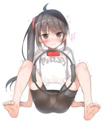 Rule 34 | 1girl, :t, ahoge, arm support, barefoot, bike shorts, black hair, blush, crotch seam, feet, female focus, highres, looking at viewer, original, pout, ring-con, ring fit adventure, shirt, side ponytail, simple background, soles, solo, sweat, toe scrunch, toes, white background, white shirt, yanagi yuu