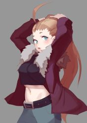 Rule 34 | 1girl, adjusting hair, ahoge, belt, blue eyes, blush, breasts, commission, cowboy shot, crop top, denim, fur trim, grey background, hands on own head, highres, jacket, jeans, light brown hair, long hair, long sleeves, looking at viewer, medium breasts, midriff, navel, open clothes, open jacket, open mouth, original, pants, simple background, solo, topdylan, very long hair